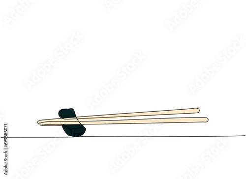 Japanese chopsticks on a stand, Holder, wooden, bamboo one line art. Continuous line drawing of sushi, japanese, food, roll, culture, tasty, restaurant, japan, asian, sea, menu