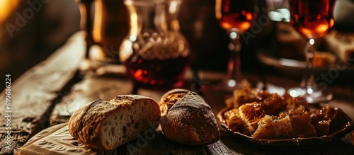 Close-up of Christian communion elements: bread and wine.