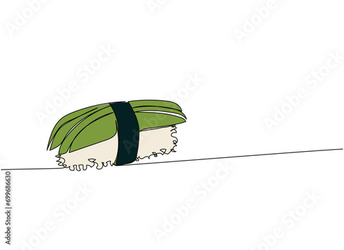 Sushi, Avocado Nigiri-Zushi one line art. Continuous line drawing of sushi, japanese, food, roll, culture, tasty, restaurant, japan, asian, sea, menu