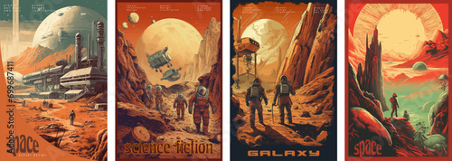 Retro science fiction, a space exploration scene on Mars and astronaut illustration poster set.