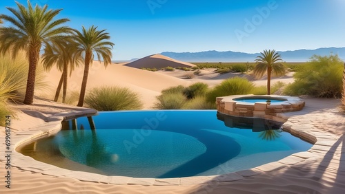 A desert oasis surrounded by sand dunes, palm trees, and a crystal-clear pool reflecting the intense blue sky. 