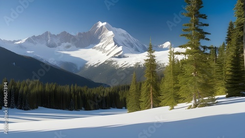 A snow-covered alpine landscape with snow-capped peaks, evergreen trees, and a sense of quietude. 