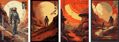 Retro science fiction, a space exploration scene on Mars and astronaut illustration poster set.