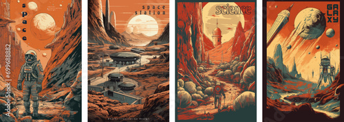 Retro science fiction, a space exploration scene on Mars and astronaut illustration poster set.