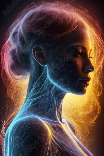Future Tech: Innovative Futuristic Si-Fi Portrait with Advanced Women's Body Scanning Technology. Colorful portrait of a woman
