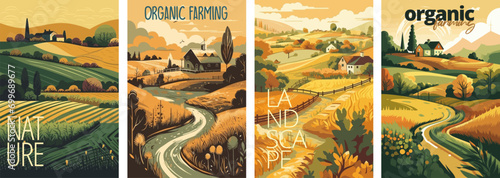 Nature and farm landscape. village, sky, field, trees, house and lawn for background, poster vector illustration set