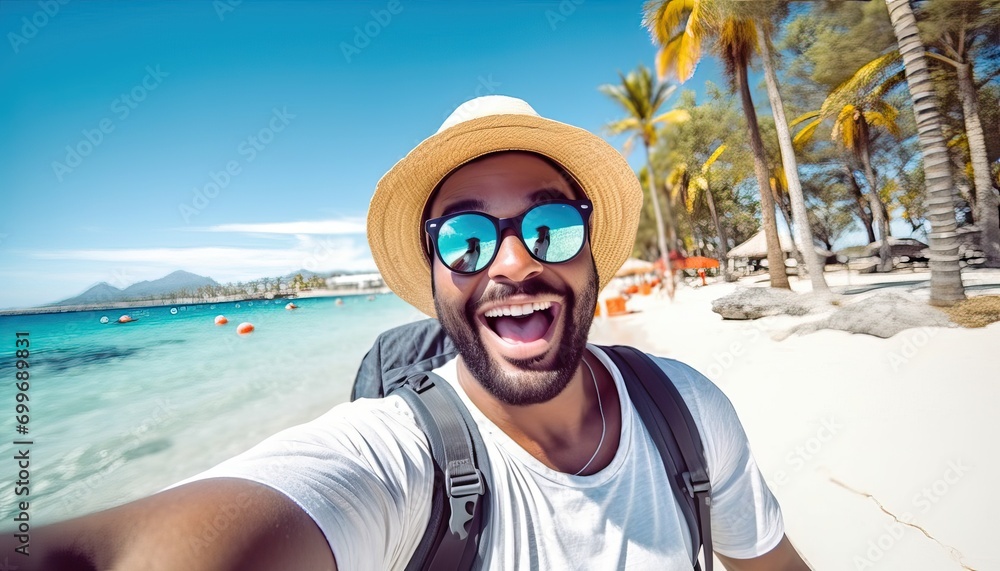 Handsome young man taking selfie with smart mobile phone device outside , Cheerful tourist enjoying summertime at the beach , Life style, traveling and technology
