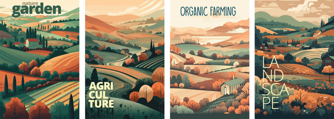 Leinwandbilder Khaki Nature and farm landscape. village, sky, field, trees, house and lawn for background, poster vector illustration set  © DesignVectX
