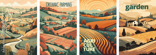 Nature and farm landscape. village, sky, field, trees, house and lawn for background, poster vector illustration set