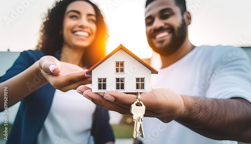Happy millennial couple receiving keys from realtor, purchasing real estate , Family meeting with real estate agent , New house and real estate