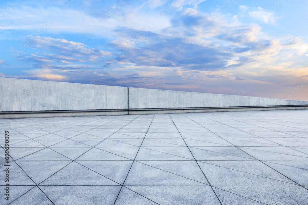 Fototapeta premium Empty brick floor and sky clouds background