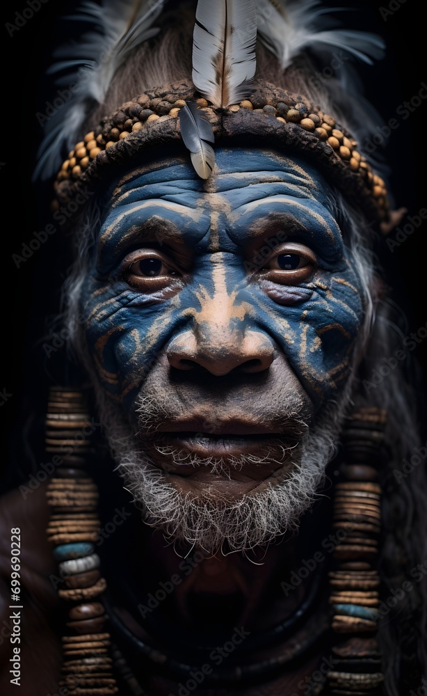 portrait of an aborigine from a tribe, with a feather headdress, American Indians, South America, cult drawings on the face, rituals.