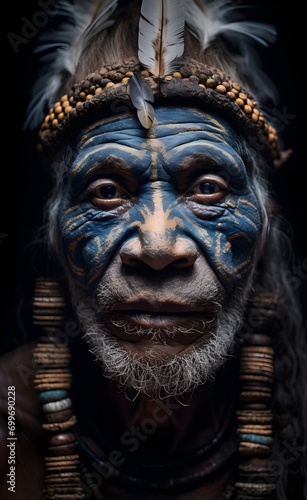 portrait of an aborigine from a tribe, with a feather headdress, American Indians, South America, cult drawings on the face, rituals.