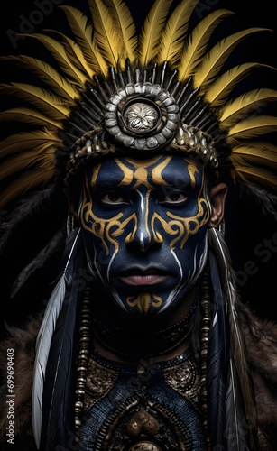 portrait of an aborigine from a tribe, with a feather headdress, American Indians, South America, cult drawings on the face, rituals.