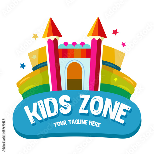 Bouncy castle cartoon logo. Kids zone concept. Children Playground sign.