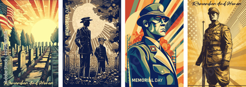 Memorial Day Vector illustration. USA flag, soldier in cemetery and a child on memorial day.Retro greeting card and poster design