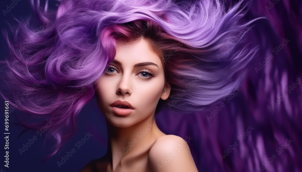 Woman with vibrant purple hair. Concept of bold fashion expression.