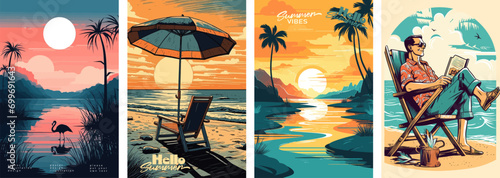Set of summer vacation vector illustration posters with seaside landscape, sunbed, woman on vacation, summer sunset, retro and modern style, for a greeting card photo