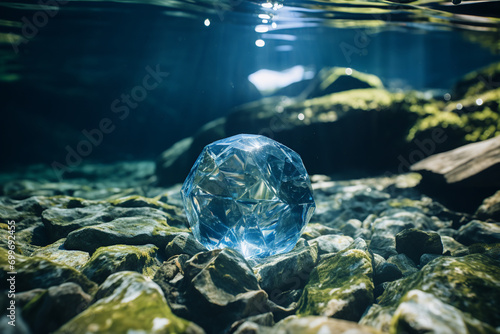Precious diamond underwater. sunlight, crystal on natural background