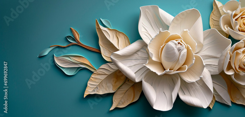 A quilling artwork featuring a gardenia, with petals showing a gradient from a pure white to a soft cream color. 
