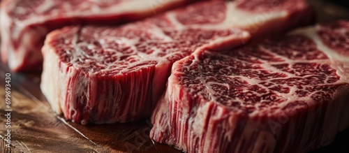 Texture of wagyu beef striploin steak up close. photo