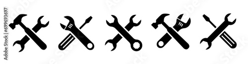 Tool icon set. Service center symbol. Support logo. Instrument signs collection. Working tools Icon. Service icons