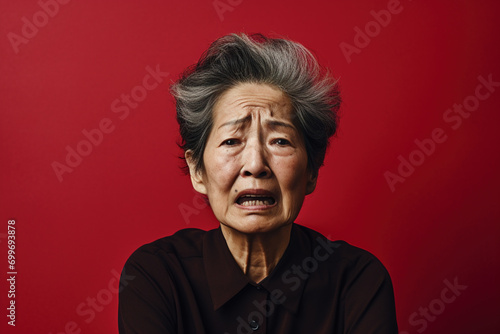 Asian grey haired woman portrait of depressed frustrated suffering from grieve, migraine, feeling stressed, sick, tired, thinking over bad news, crisis depression mental emotional problems concept © Valeriia