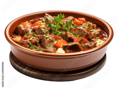 Beef stew traditional homemade goulash, isolated on a transparent or white background