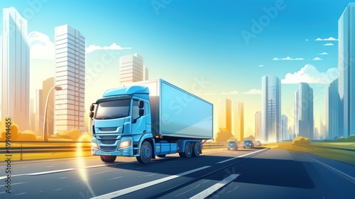 vector art of delivery logistics or movers service truck van driving on city highway photo