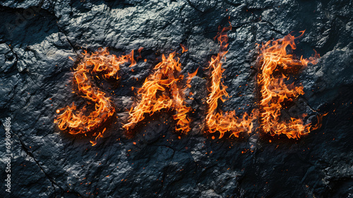 Text sale made of fire flames on the dark background. Creative banner for sale and discounts in store, 3d render style.