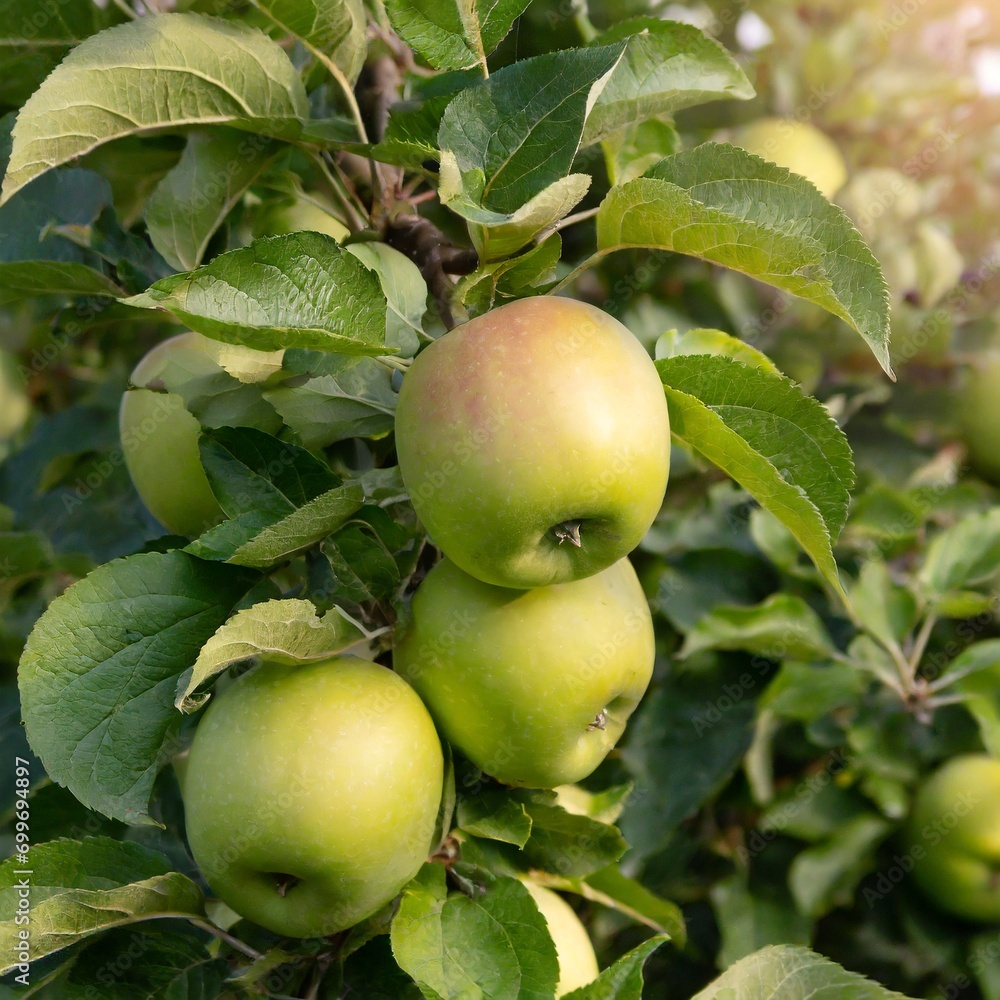 The tree is filled with green apples, ready to be harvested. The tree is filled with green apples, ready to be harvested.