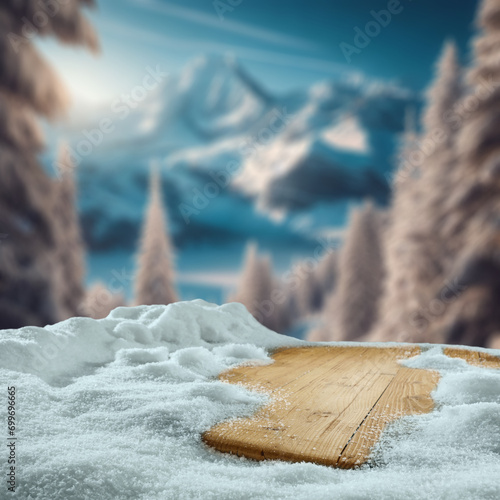 Desk of free space and winter background of snow and frost. 