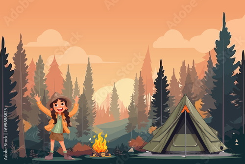 Vector Illustration Of Cartoon Kids Summer Camp.