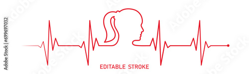 Editable red ekg monitor, cardio diagnosis, long hair woman head vector. Heart rhythm line vector design to use for healthcare, healthy lifestyle, medicine, ekg, ecg concept illustration projects. 