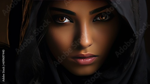 The gaze of a beautiful woman wearing a black hijab AI generated image