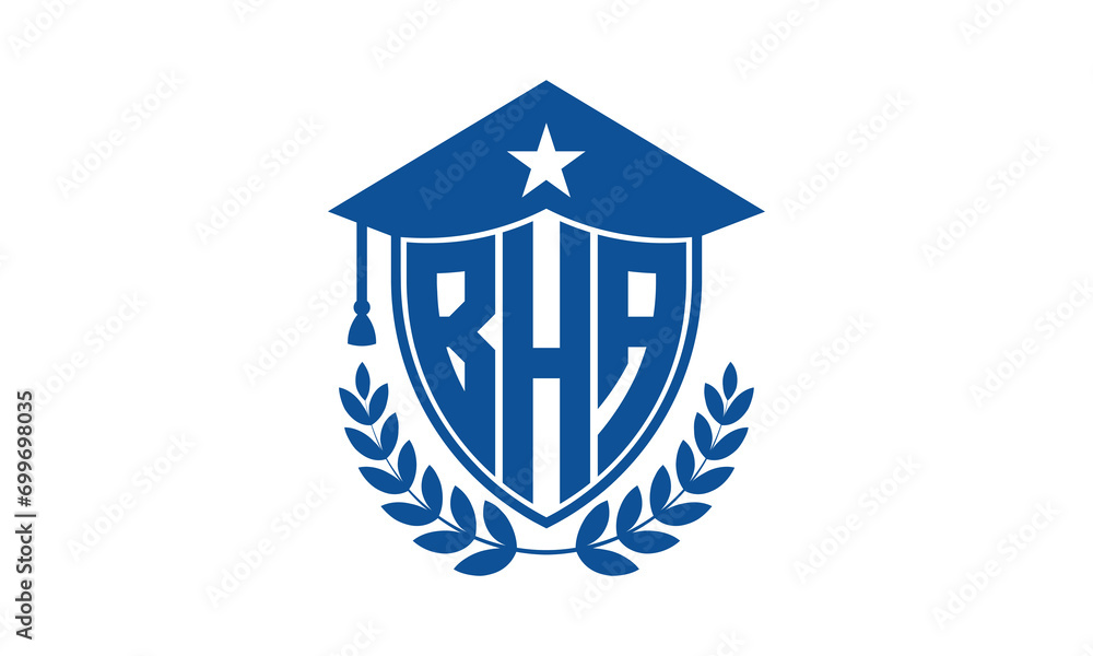BHA three letter iconic academic logo design vector template. monogram, abstract, school, college, university, graduation cap symbol logo, shield, model, institute, educational, coaching canter, tech BHA three letter iconic academic logo design vector template. monogram, abstract, school, college, university, graduation cap symbol logo, shield, model, institute, educational, coaching canter, tech