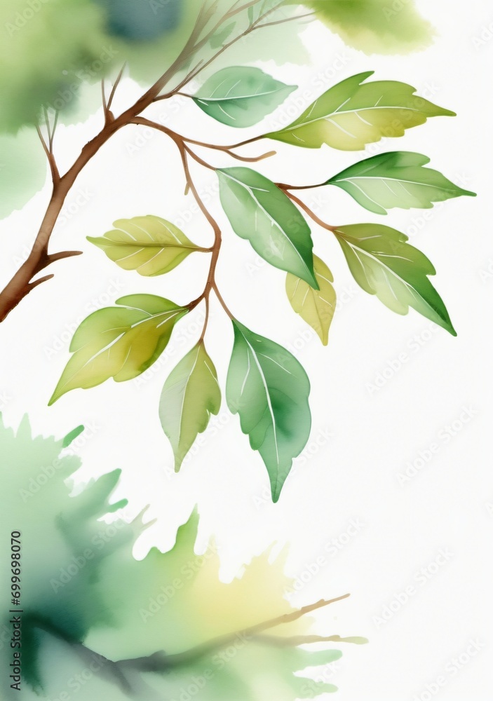 Watercolor Painting Of A Branch With Green Leaves Watercolor Painting Of A Branch With Green Leaves