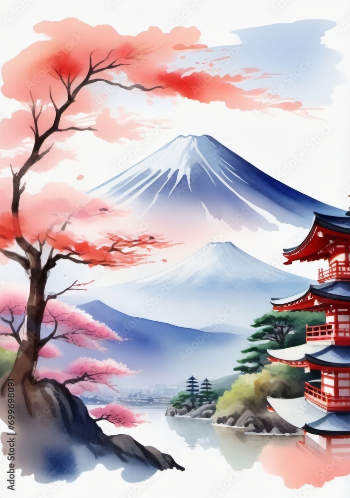 A Watercolor Painting Of A Japanese Pagoda And A Cherry Tree