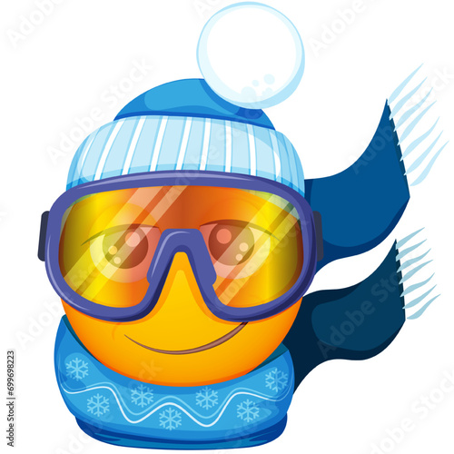 Winter emoji skier in warm blue hat  and scarf on white background. Smiling yellow face in snow goggles. Happy. Cute emoticon