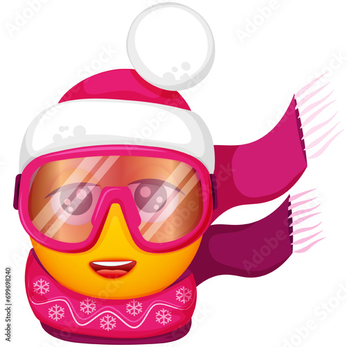 Winter emoji skier in warm pink hat  and scarf on white background. Smiling yellow face in snow goggles. Happy. Cute emoticon