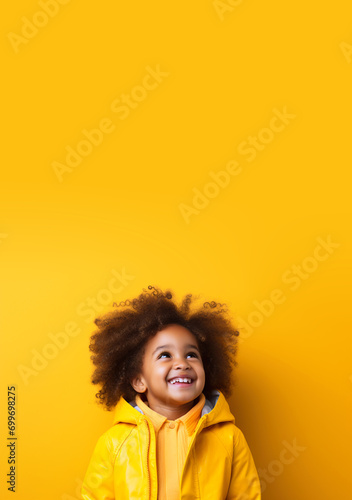 Vertical banner of African baby toddler boy shirt and jacket excited smile on isolated yellow background studio portrait. Positive people anouncement concept. Empty space place for text copy paste