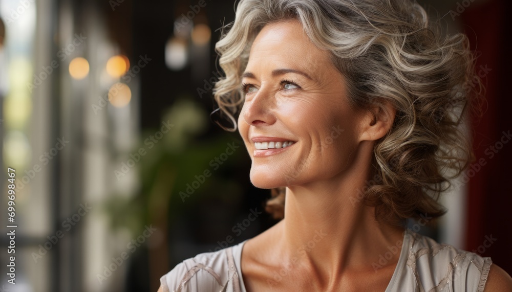 older very pretty woman with grey hair and a pretty smile looks to the side, copy space