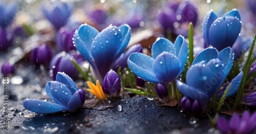 Springtime magic Blue crocuses bedazzled with raindrops, creating a stunning visual symphony against the backdrop of falling rain