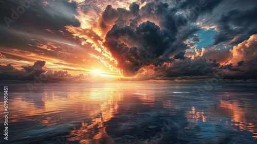  a large body of water with a sky filled with clouds and sun reflecting off of the water's surface.