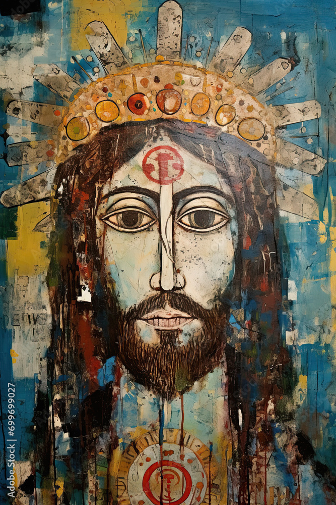 Jesus Christ fresco art. Abstract style design. Wall art print. Generative Ai