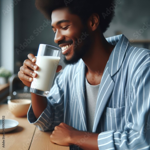close up of a happy man in home clothes drinking milk near empty kitchen counter, ultra-realistic