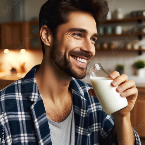 close up of a happy man in home clothes drinking milk near empty kitchen counter, ultra-realistic