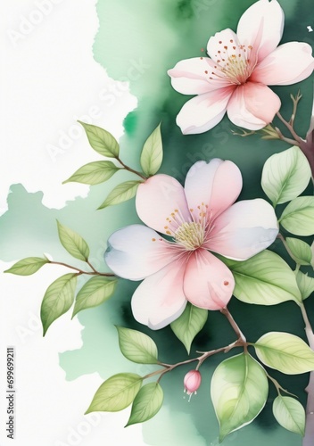 Watercolor Painting Of Pink Flowers On Green Background