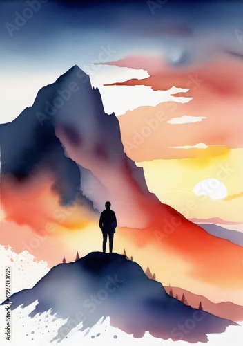 A Man Standing On Top Of A Mountain At Sunset