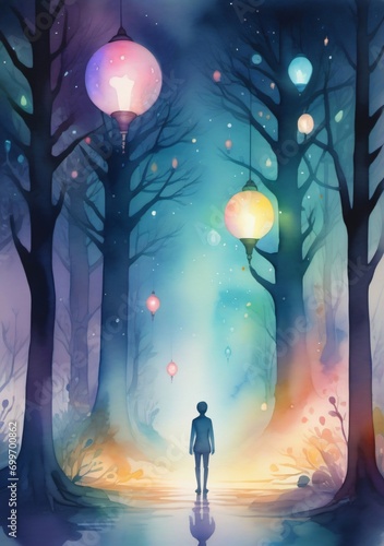 A Person Walking Through A Forest With Lanterns In The Sky
